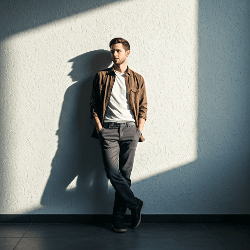 Man in a relaxed editorial pose against a textured wall